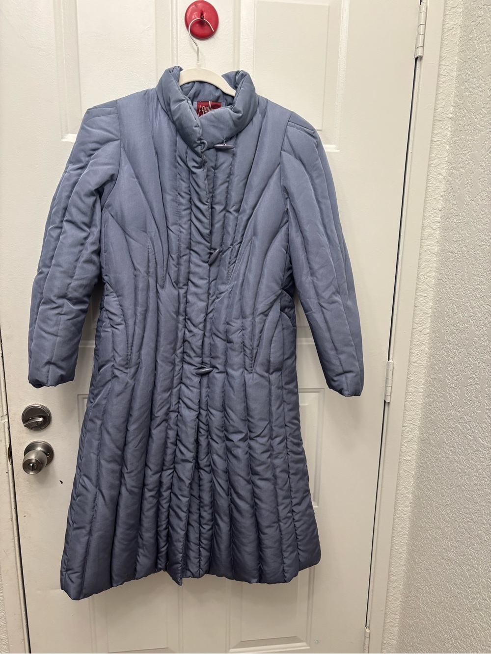 J Gallery Vintage Slate Blue Long Quilted Puffer Coat with Stand Collar
